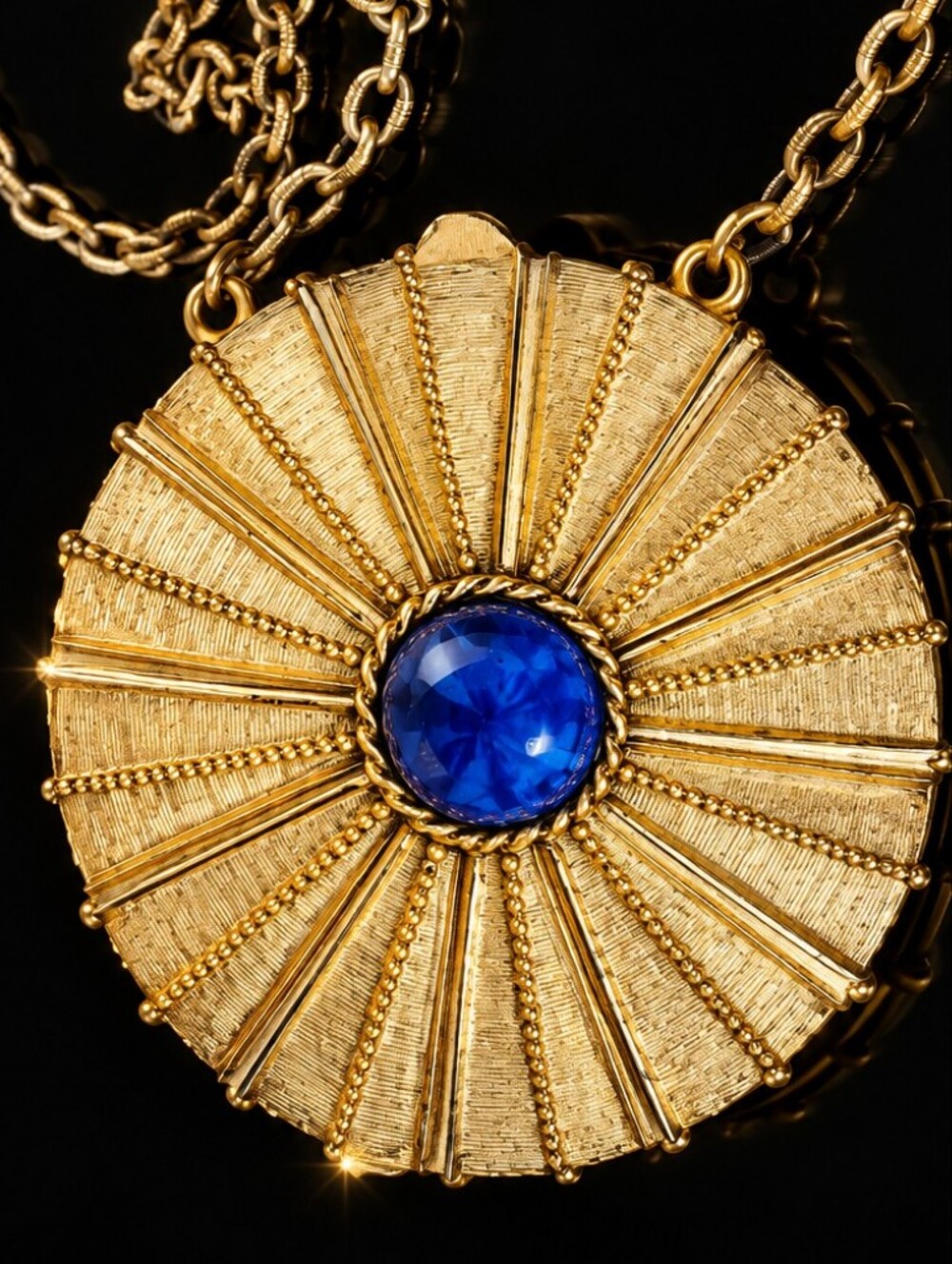 Vintage 1973 Estée Lauder Empire Solid Perfume Compact Necklace Blue Cabochon